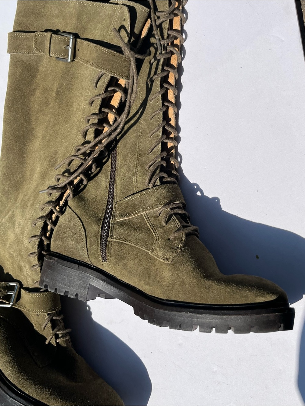 Lucky Brand Inniko Boots 8 Green Suede Lace Up Tall Buckle Moto Grunge Combat - Picture 9 of 16